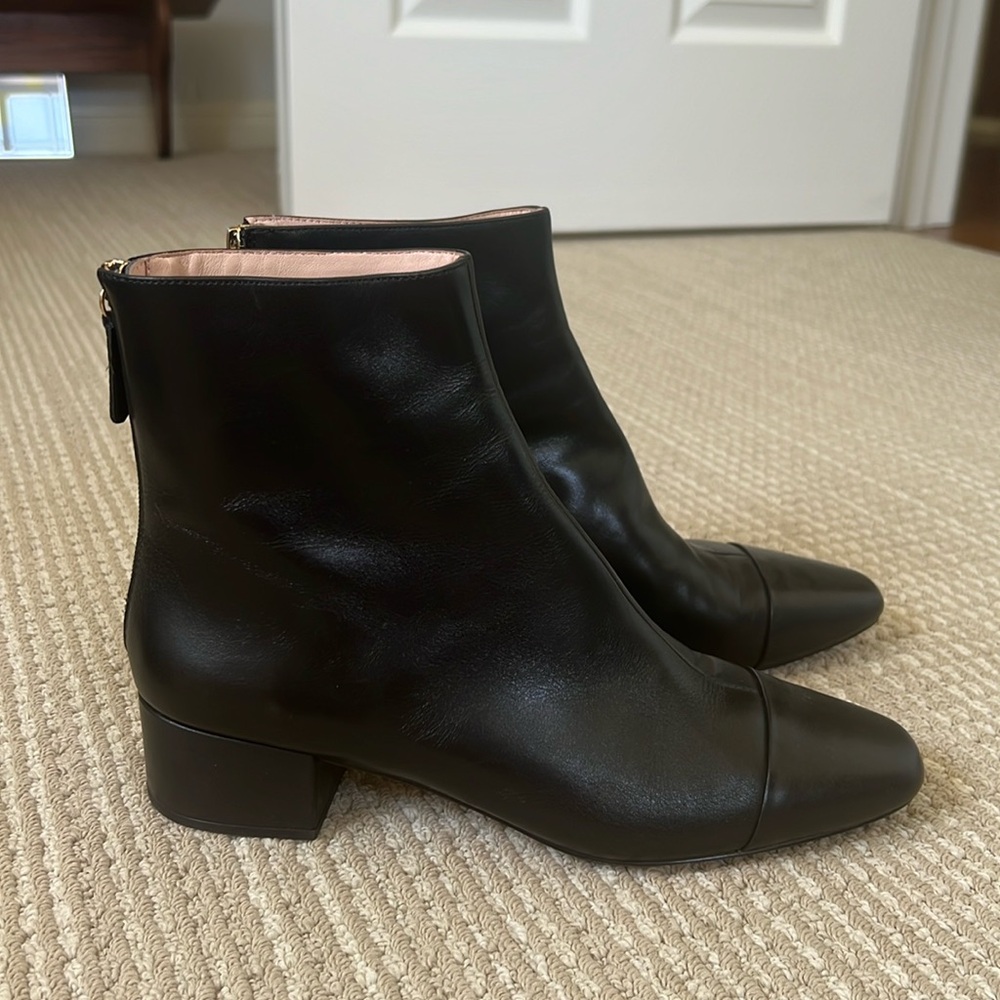 Jcrew 8.5 black leather cap toe booties with back zipper. 1.5 inch heel